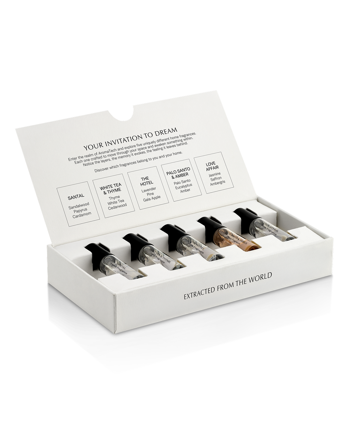 Set of small bottles in a white box with text on a white background