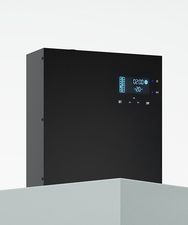 AromaPro black commercial scent diffuser with digital display on white pedestal