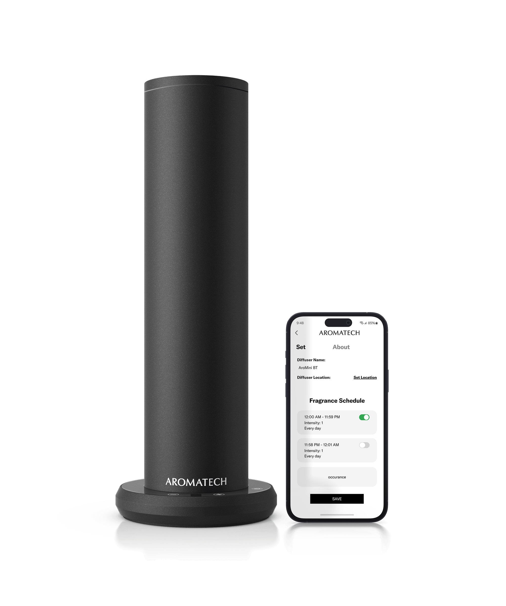 Black AroMini® BT Plus next to a phone showing the AromaTech app with a transparent background